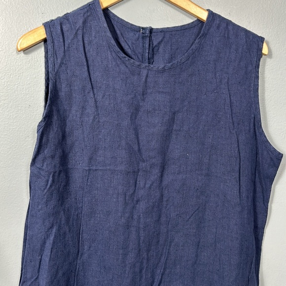 Vintage Navy 100% linen Maxi Relaxed Fit Side Slit Crew Neck Dress size 16 - Picture 15 of 15